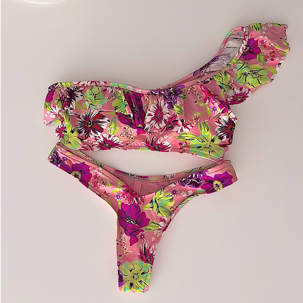 VICTORIA'S SECRET Pink Purple Red Floral 1 Shoulder Top & Thong SWIM Set EUC S - Picture 6 of 12